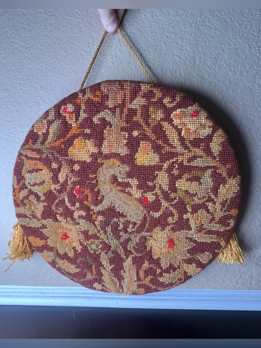 Vintage 1970s Medieval Revival Needlepoint Dragon Wall Hanging Round Tapestry